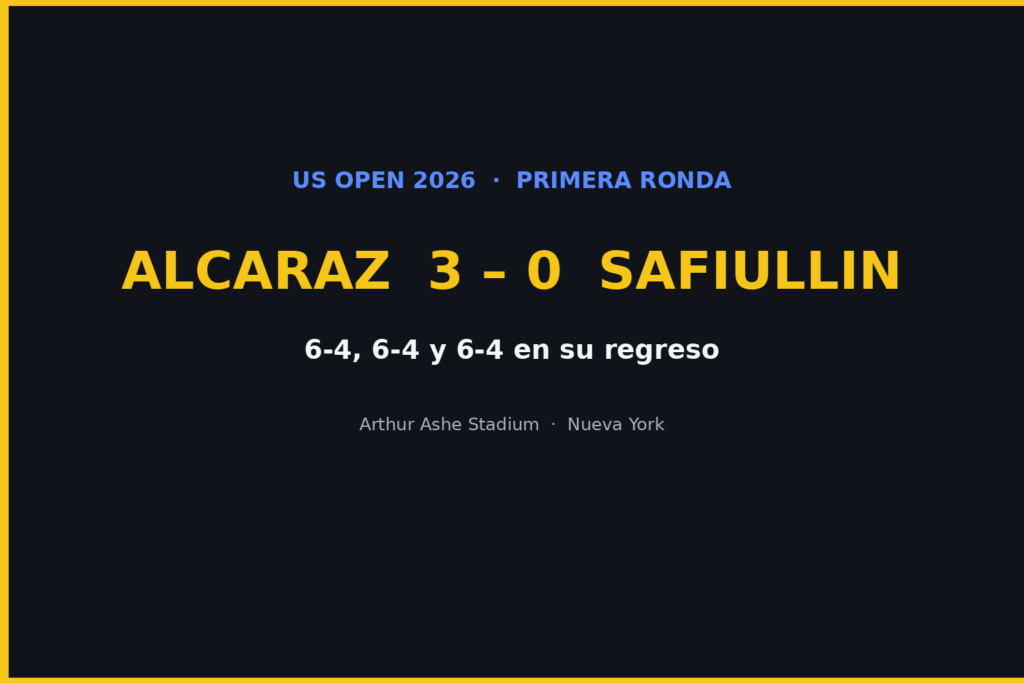 Alcaraz 3-0 Safiullin, US Open 2026. Gráfica editorial Haydeportes.