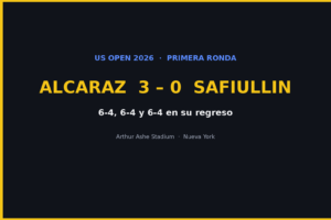 Alcaraz 3-0 Safiullin, US Open 2026. Gráfica editorial Haydeportes.