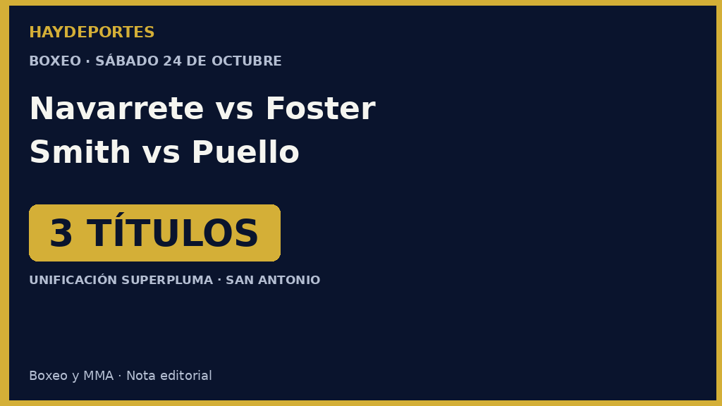 Tarjeta navy y dorada: Navarrete vs Foster y Smith vs Puello, sábado 24