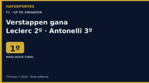 Verstappen gana GP Singapur; Leclerc 2º, Antonelli 3º. Grafica editorial Haydeportes.
