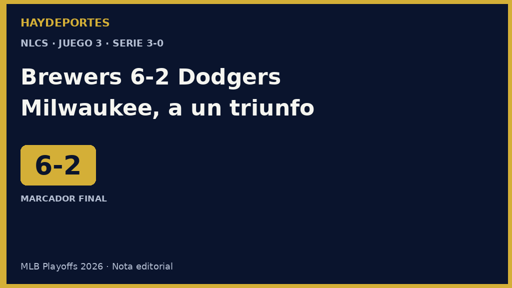 Brewers 6-2 Dodgers; Milwaukee domina la NLCS 3-0. Grafica editorial Haydeportes.