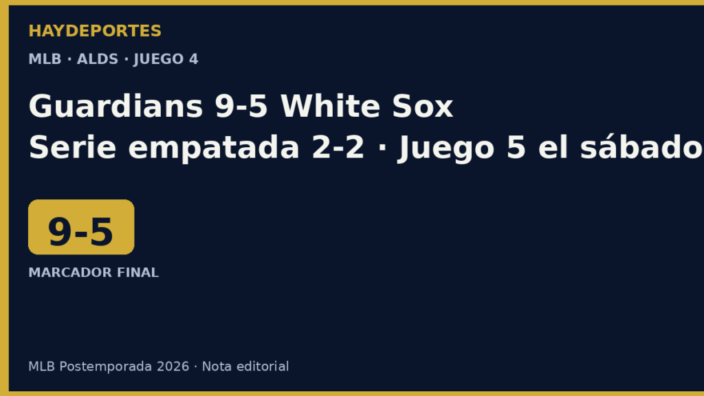 Guardians 9-5 White Sox; serie empatada 2-2. Grafica editorial Haydeportes.