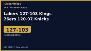 Lakers 127-103 Kings y 76ers 120-97 Knicks, pretemporada NBA. Grafica editorial Haydeportes.