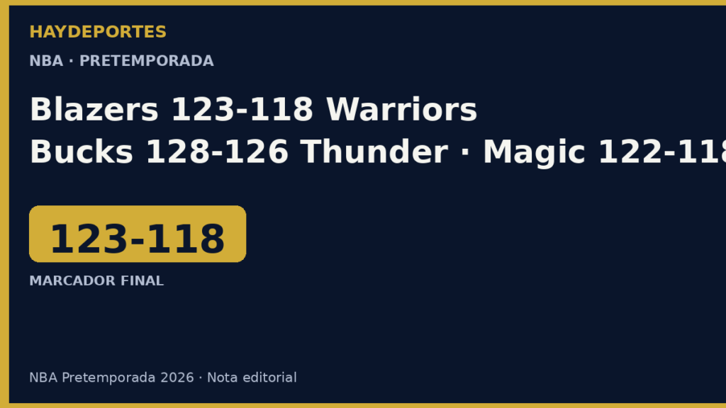 Trail Blazers 123-118 Warriors y Bucks 128-126 Thunder, pretemporada NBA. Grafica editorial Haydeportes.
