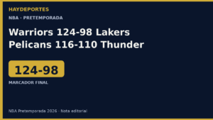 Warriors 124-98 Lakers y Pelicans 116-110 Thunder, pretemporada NBA. Grafica editorial Haydeportes.